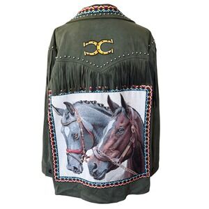 Lesal Upcycled Western Fringe Horse Tapestry Jacket Olive Green XL